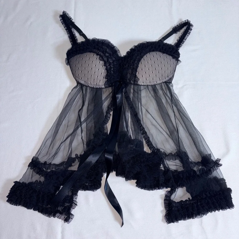 Victoria's Secret Babydoll Lingerie 34D Black Excellent Mesh Lace Ruffle Trim